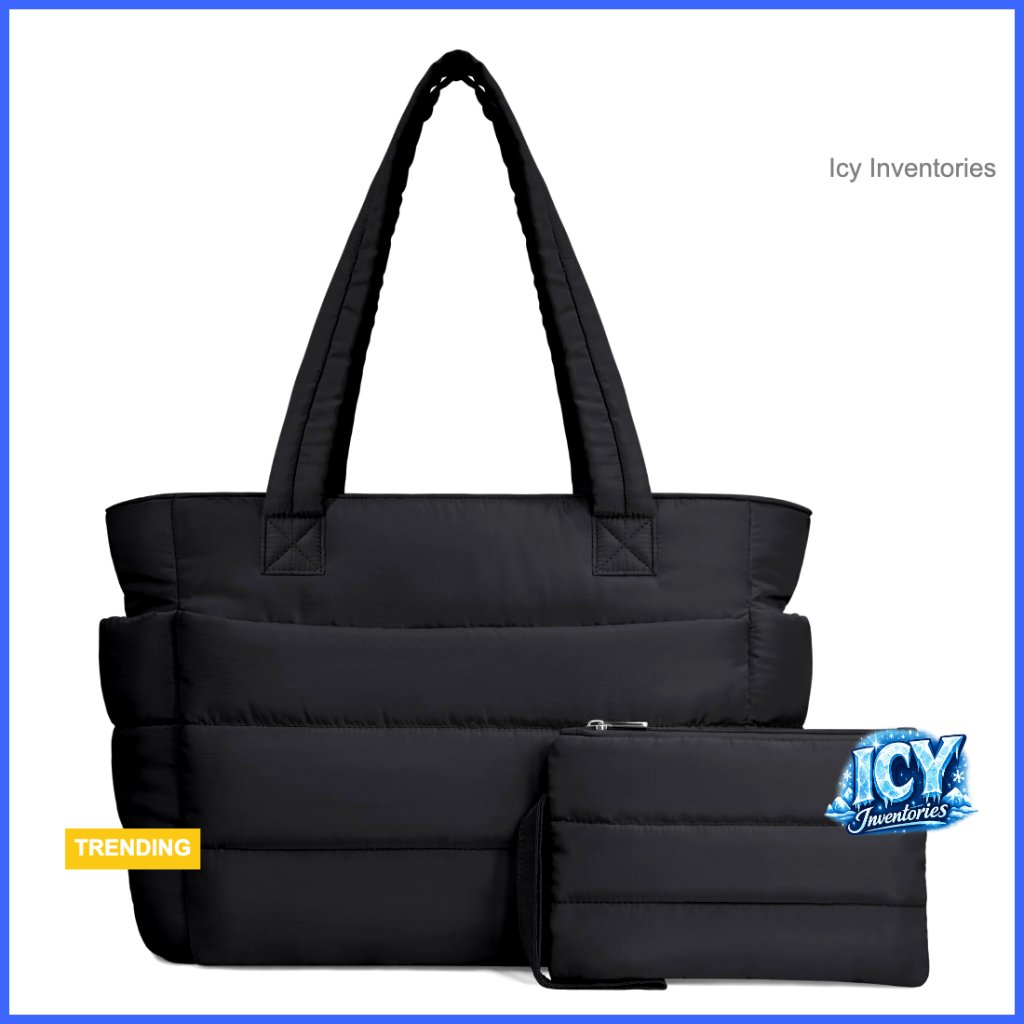 Lightweight Puffer Tote Bag With Compartments, Quilted Shoulder Bag